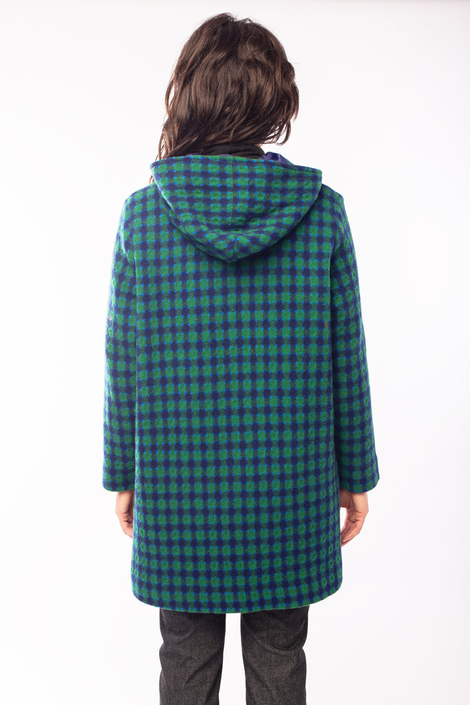 FJORD HOODED COAT GREEN CHECK WOOL