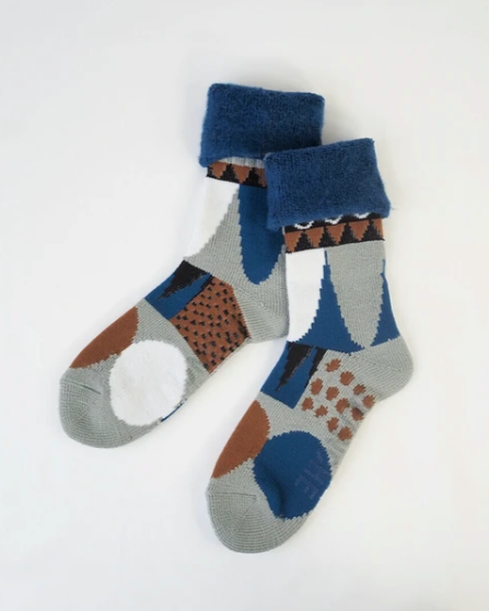 MAISON BLANCHE WOOL SOCKS BLUE GEOMETRIC
